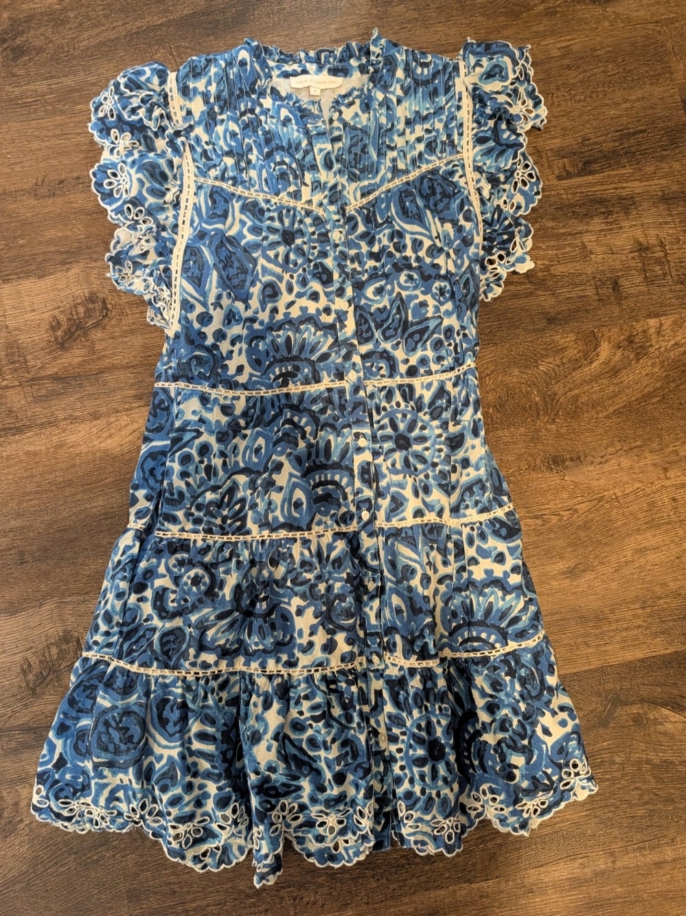 House of Harlow 1960 Blue Floral Tiered Dress with White Lace Trim